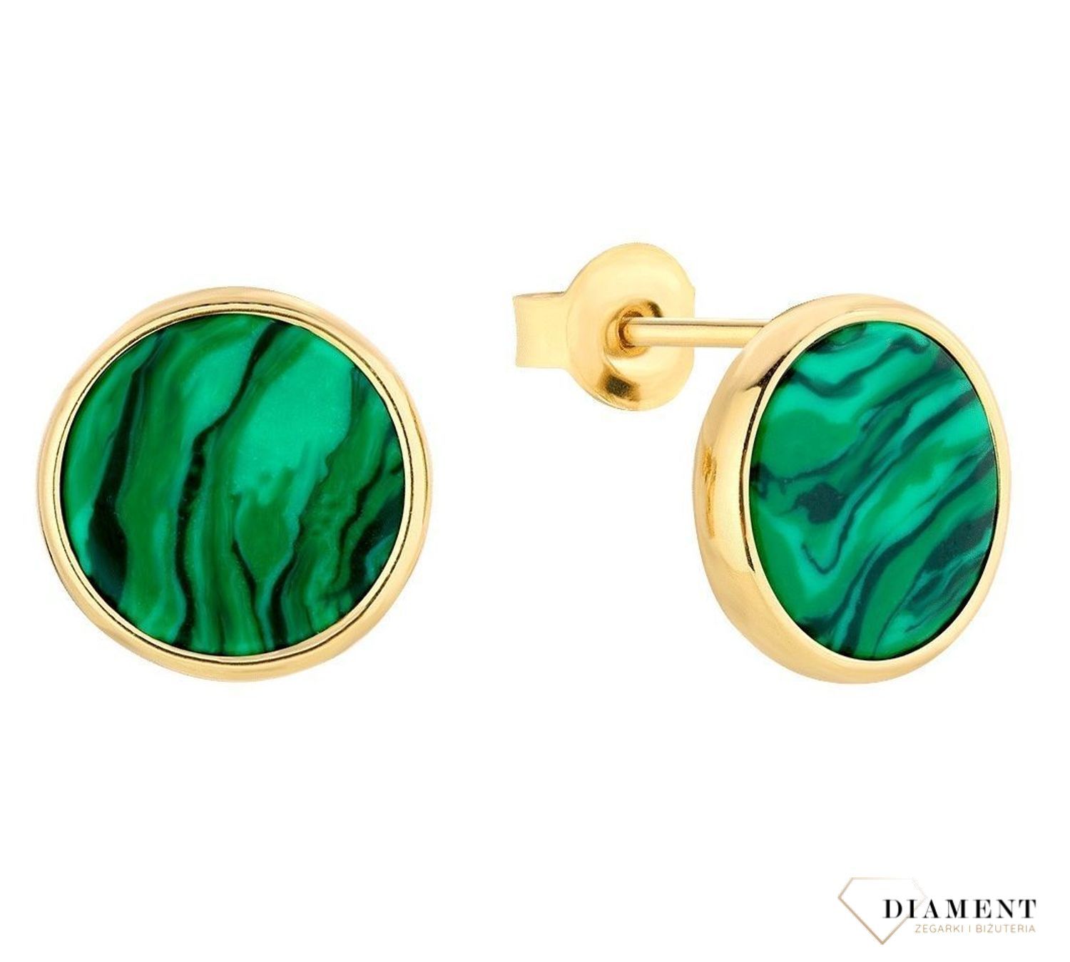 Kolczyki srebrne pozłacane monetki z malachitem DZK393 MAL Z. Biżuteria zaprojektowana i wykonana 100 w Polsce w naszej  pracowni w Gdyni. Kolczyki damskie z kamieniem malachit..jpg